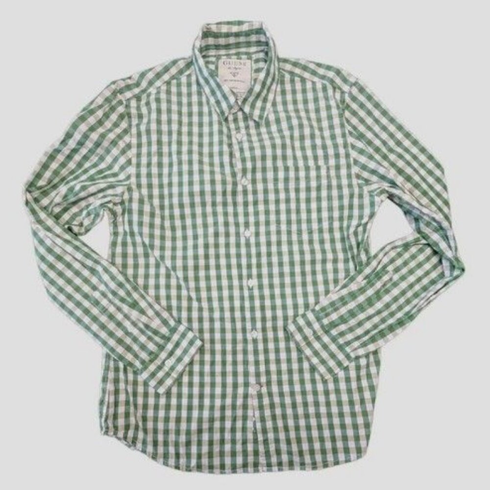 Guess Button Up Long Sleeve Denim Plaid Casual Dress Shirt Men's Top Size M